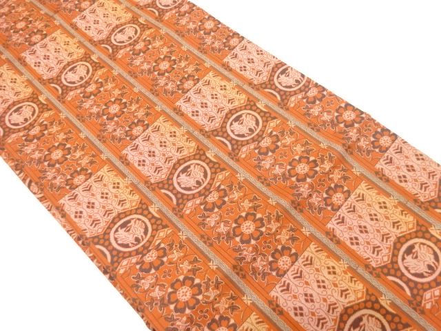 縞に向かい鳥・花模様織り出し　名古屋帯